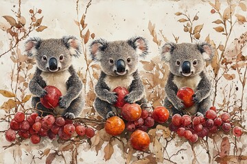 Three koalas holding fruits against a backdrop of leaves and grapes.