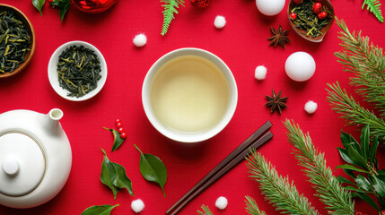 serene scene of traditional tea set on red tablecloth, surrounded by festive decorations and green foliage. , Lunar New Year