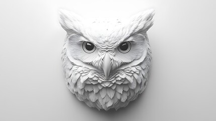 Realistic Owl Face in Front Isolated on White Background