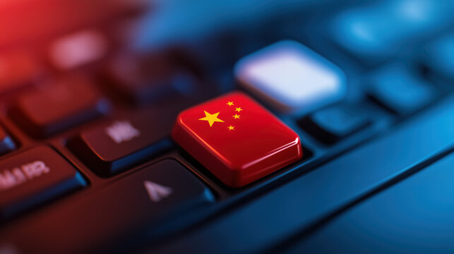 A close-up of a keyboard featuring a prominent red key with the Chinese flag, highlighting themes of technology and national identity.
