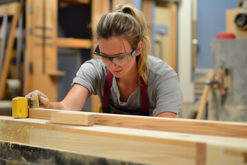 young female carpenter tradie cutting wood with tools wearing apron in workshop with wood and tools