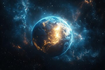 Obraz premium cosmic depiction of planet earth surrounded by energetic waves and radiant light set against a dark space background evoking a sense of wonder and exploration in the vast universe