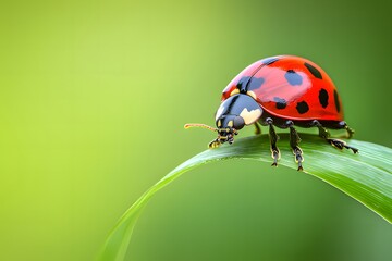 A close-up of a vibrant ladybug perched on a green leaf against a blurred background.
