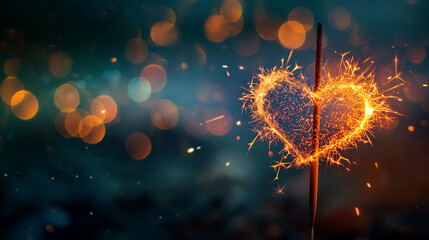 Obraz premium Heart sparkler glowing with golden bokeh at night