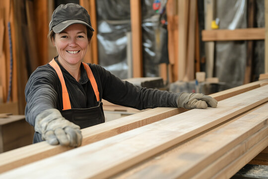 smiling middle aged female carpenter tradie wearing apron in workshop with wood and tools - Powered by Adobe