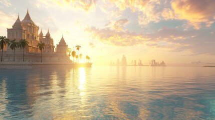 Fototapeta premium Golden Sunrise Over Atlantis: A Tranquil and Enchanting Photorealistic Scene of Majestic Structures and Calm Waters