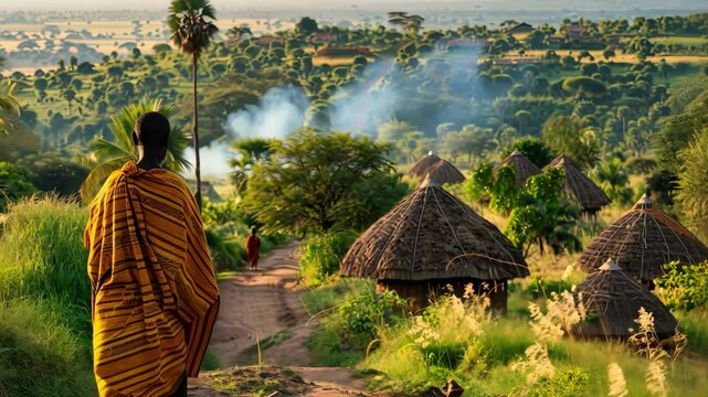 A man in a striped robe walks through a village with many huts. The village is surrounded by trees and grass