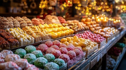 Colorful pastries on display at a market with blurred lights background.