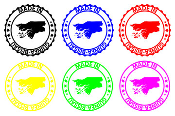 Made in Guinea-Bissau - rubber stamp - vector, Guinea-Bissau map pattern - black, blue, green, yellow, purple and red