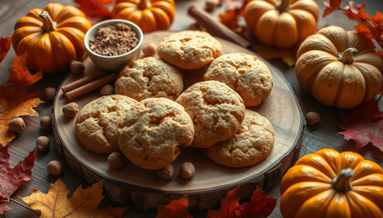 Homemade cookies set on a wooden board, surrounded by autumnal decorations including pumpkins, cinnamon, and nutmeg. A cozy and festive composition evoking a sense of warmth and the fall season.

