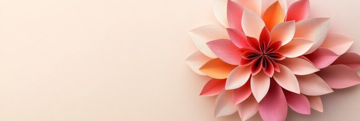 a paper flower in full bloom, with pink and orange petals against a light beige background