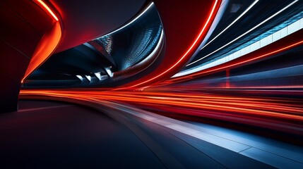 A dynamic, futuristic scene with glowing lines suggesting speed and motion in a sleek environment.
