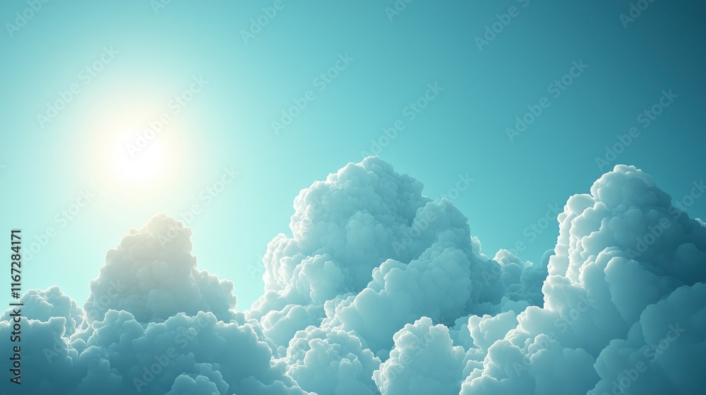 Wall mural sun shines over fluffy clouds in the sky. background is clear. stock use.