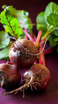 Close-up of freshly harvested beetroot with vibrant greens, showcasing organic farming and healthy eating