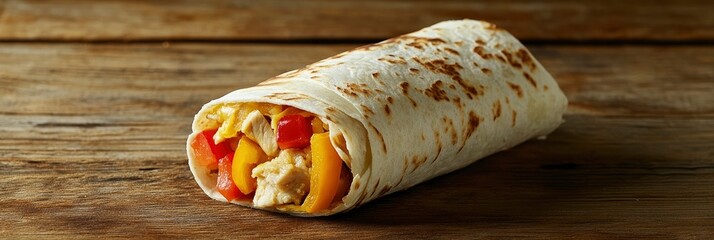 Soft shawarma with chicken, yellow and red peppers on wooden table background