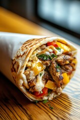 Soft shawarma with chicken, yellow and red peppers on wooden table background