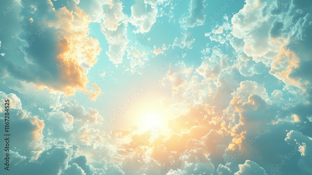 Wall mural sun shines through clouds, a backdrop for design or meditation usage.