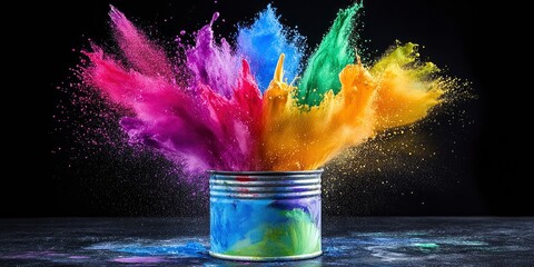 Vibrant explosion of colors, resembling an exploding paint can with bright and vivid hues, creating dynamic visual effects.