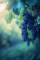 Vineyard with purple grape fruits hanging from the branches, blur background