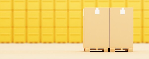 Storage boxes in a warehouse with a yellow background.
