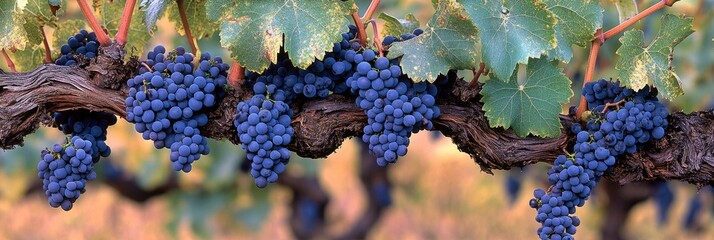 Vineyard with purple grape fruits hanging from the branches, blur background