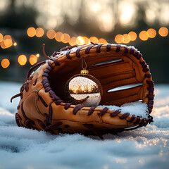 Holiday baseball glove with ornament resting in snow under festive lights at dusk