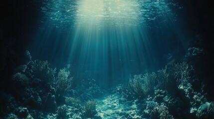 Fototapeta premium Sunbeams pierce deep ocean, illuminating coral reef seabed.