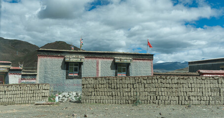 Typical tibetan houses along the road to Sakya Monastery, Shigatse Prefecture, Tibet, China