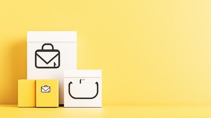 Storage boxes with envelope designs on a bright yellow background.