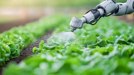 Automated robot arm spraying water on green lettuce in farm field, showcasing advanced agricultural technology and precision farming techniques