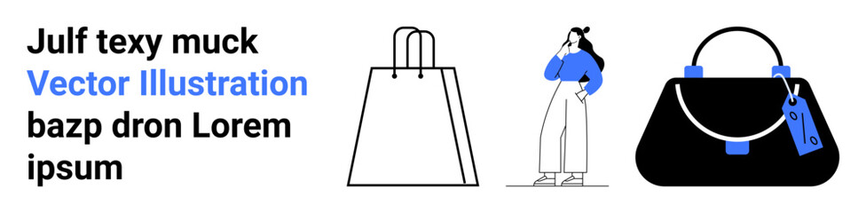 Woman contemplating fashion choices next to shopping bags. Ideal for marketing, e-commerce, retail analysis, brand identity, style blogs, customer journey, purchasing decisions. Landing page