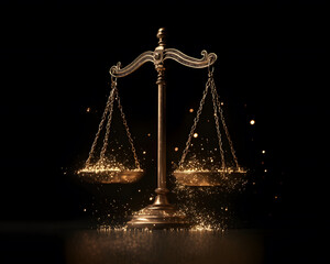 golden balance scale symbolizing justice and fairness, illuminated against dark background, with sparkling particles enhancing its elegance and significance