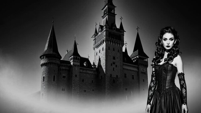 Digital Artwork, Castle Silhouette, Armored Figure in Overcast Sky, for Narrative Expression