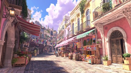Fototapeta premium Hustle and Bustle of a Vibrant Atlantis Street Scene - Photorealistic Urban Market with Citizens, Performers, and Colorful Sky
