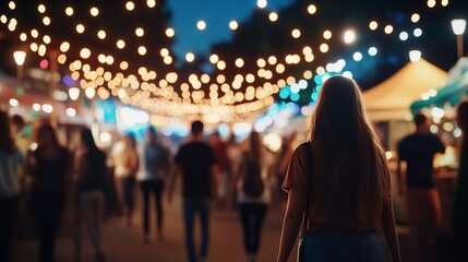 Naklejka premium Blurred Motion People Walk in the Food Festival at Night with Lights