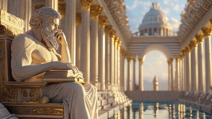 Wisdom of Atlantis: Photorealistic Portrait of Atlantean Philosopher Surrounded by Scrolls and Grand Architecture in Thoughtful Contemplation