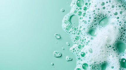 White foam cream texture, soap bubble or cosmetic gel clean foam isolated on mint background with copy space