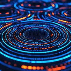 Vibrant Abstract Digital Circles with Blue and Orange Lights Creating a Hypnotic Pattern, Suitable for Technology, Backgrounds, or Artistic Designs