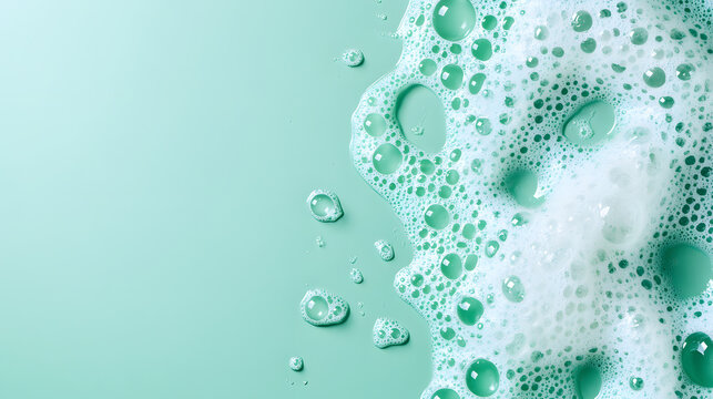 White foam cream texture, soap bubble or cosmetic gel clean foam isolated on mint background with copy space