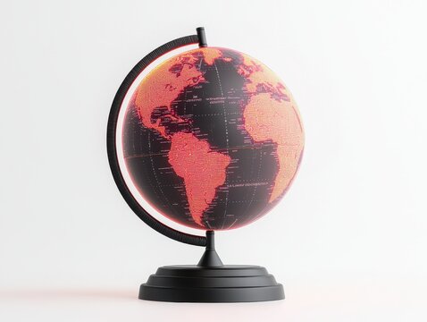 Stylish black and red globe with illuminated patterns showcasing countries and continents, emphasizing modern design and geographic education in a minimalist setting.