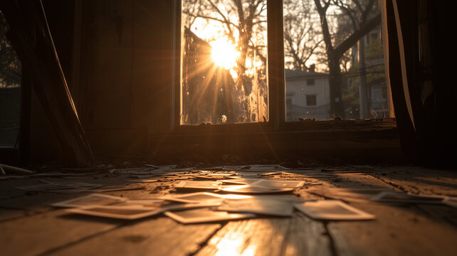 A collection of Polaroid photographs scattered on a hardwood floor, showcasing various memories with diverse scenery and lighting, brilliantly capturing moments frozen in time