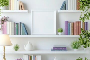 Modern Bookshelf Display with Blank Frame - Interior Design Mockup