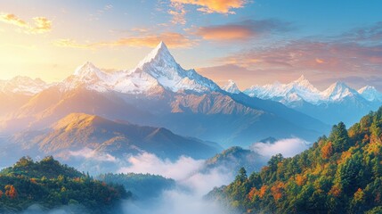 Sunrise over snowy Himalayan peaks, colorful autumn forest, misty valley.