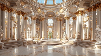 Obraz premium Opulent Atlantean Throne Room with Regal Figures Gathered Under Grand Dome | Photorealistic Ultra-Detailed Palace Interior