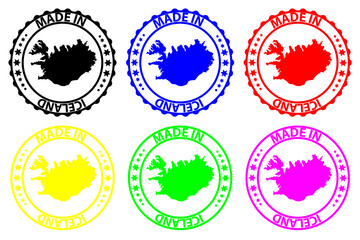Obraz premium Made in Iceland - rubber stamp - vector, Iceland map pattern - black, green, yellow, purple, blue and red