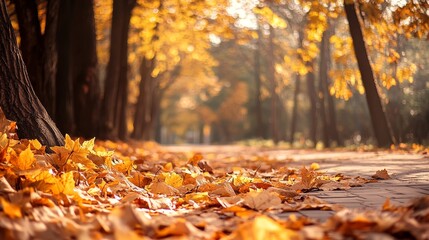 A serene autumn scene with golden leaves covering a path in a tranquil park.