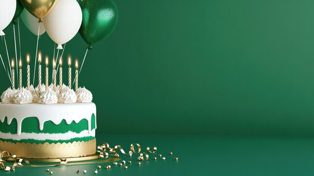 3D green and white birthday cake with candles, and balloons on a green color banner with a copy space area 