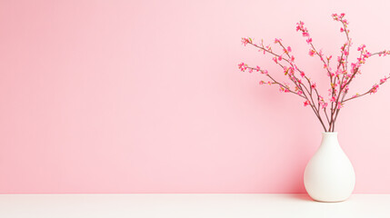 Elegant cherry blossom arrangement minimalist decor white vase pink background