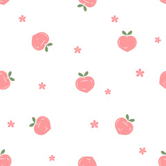 Seamless pattern of heart shape peach fruit with green leaves and pink flower on white background vector.