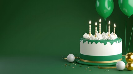 3D green and white birthday cake with candles, and balloons on a green color banner with a copy space area 